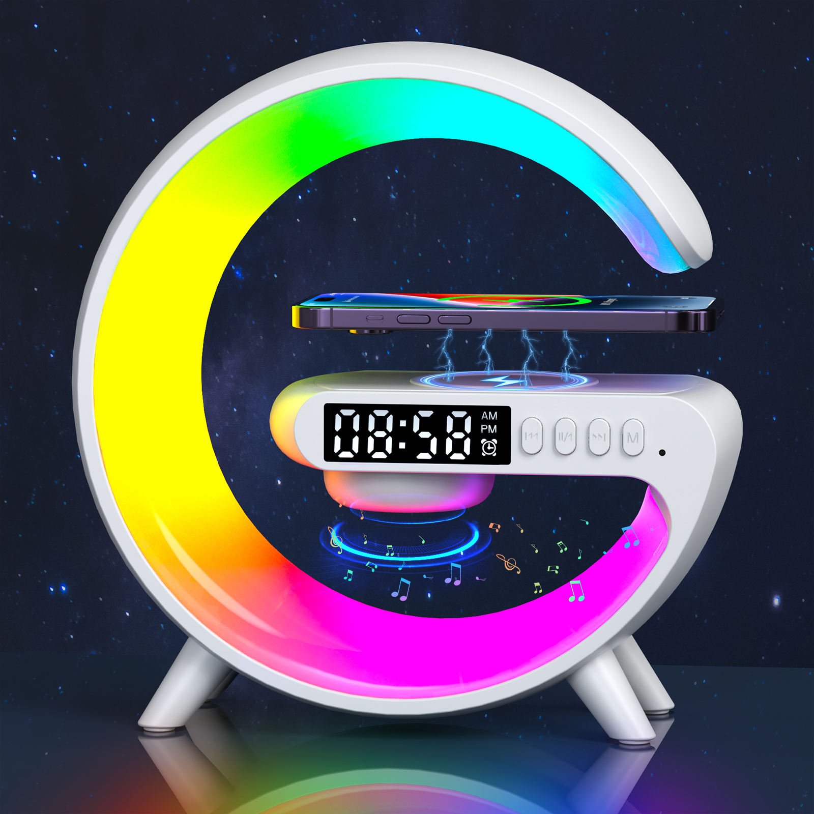 G Lamp Smart Light Bluetooth Speaker Clock/Alarm Clock Wireless Charger Atmosphere Lights